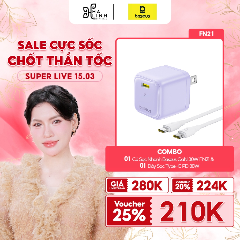 [VÕ HÀ LINH x BASEUS] COMBO Củ Sạc Nhanh Baseus GaN 30W FN21 & Dây Sạc Type-C PD 30W Kiểm Soát Nhiệt Thông Minh Mini
