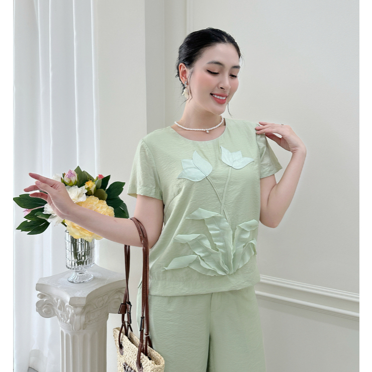 Set Đồ Nữ Cao Cấp Áo Thêu Hoa Tulip + Quần Suông 2 Lớp (48-65kg) - Thời Trang Thiết Kế Trung Niên Nữ SLINE - Qùa tặng mẹ | BigBuy360 - bigbuy360.vn