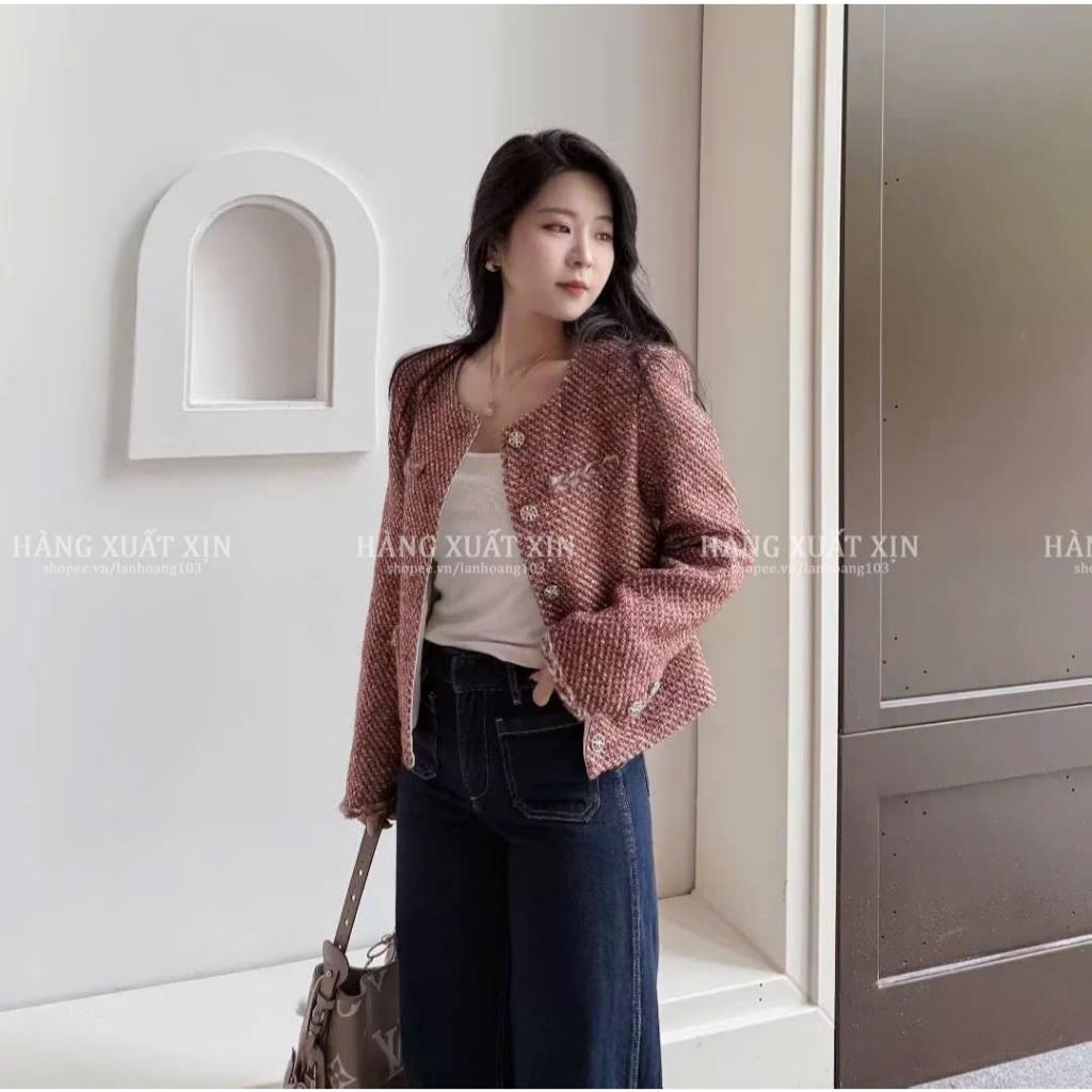 Áo Khoác Dạ Nữ Cổ Tròn Tweed Họa Tiết Đỏ Blink Blink