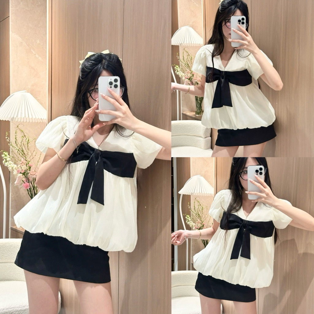 Áo Babydoll Tay Bồng Dáng Bí Cổ Tim Đính Nơ Dilyshop - A138