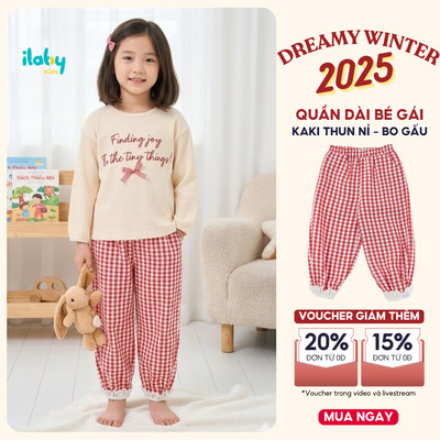 Quần dài bé gái ILABY quần chun bo gấu họa tiết kẻ phối ren gấu form rộng thoải mái [3468]