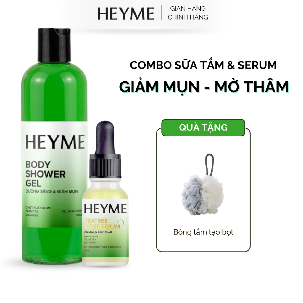 [SIÊU ƯU ĐÃI] Bộ đôi hỗ trợ giảm mụn lưng mờ thâm HEYME bao gồm Sữa Tắm hỗ trợ Giảm Mụn Oliu + Serum