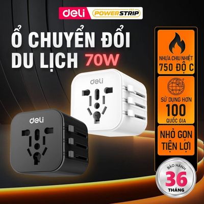 [SẠC NHANH 70W] Ổ Cắm Du Lịch Deli, Ổ Chuyển Đổi Du Lịch Công Suất Lớn Phù Hợp Nhiều Quốc Gia Tích Hợp USB TypeC