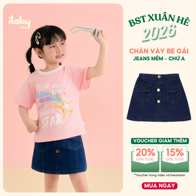 Chân váy jean bé gái ILABY chân váy jean túi ốp chéo có lót quần trong, cạp chun co giãn [3403]