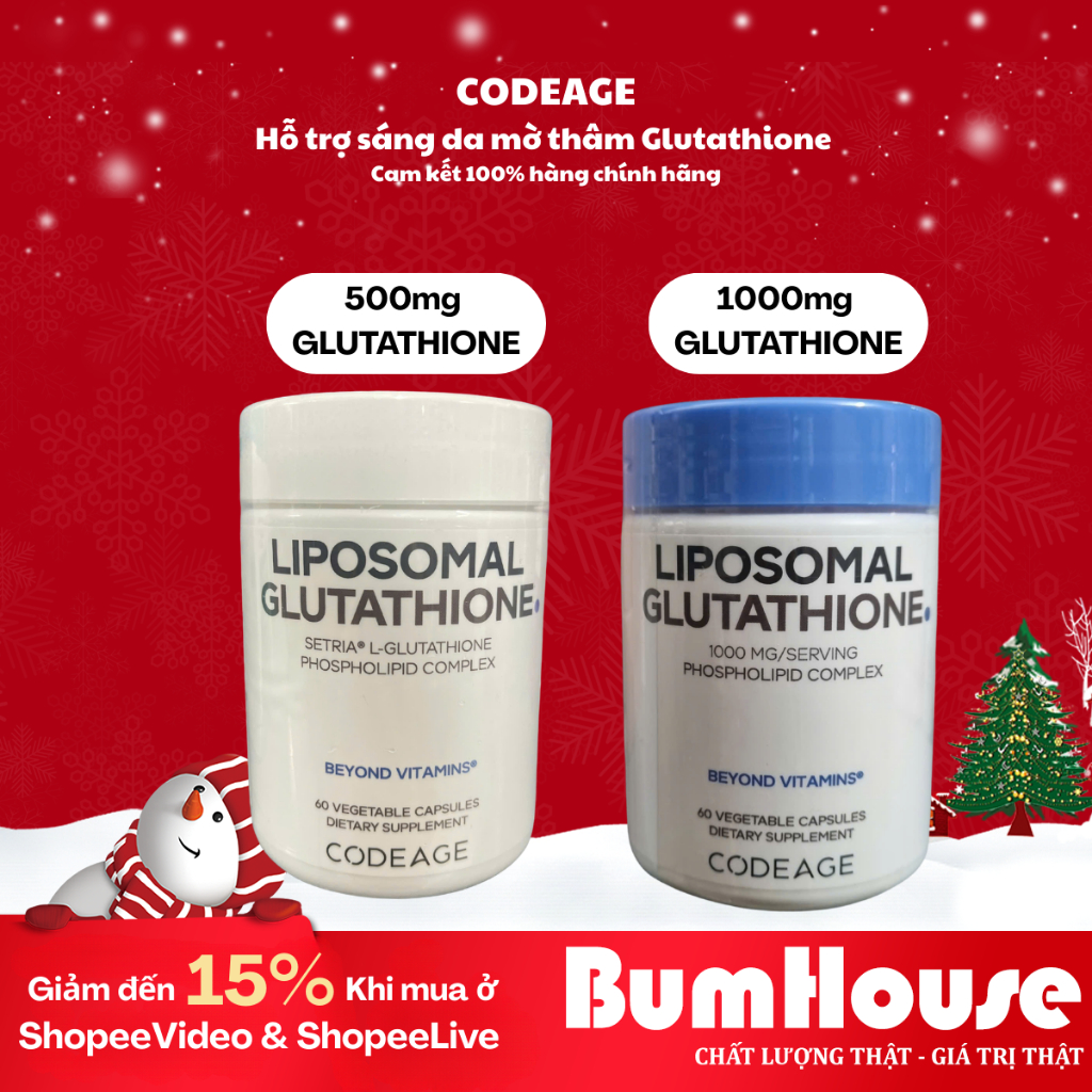 [HÀNG CTY] Viên uống hỗ trợ trắng da CodeAge Liposomal Glutathione 500mg, Glutathione 1000mg 60 viên