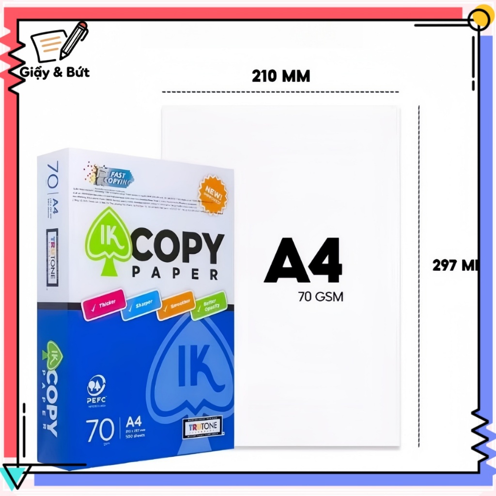 Giấy in A4, giấy photo 70/80gsm IK Copy 500 tờ - Giấy A4 500 tờ không gợn sóng, độ dày cao