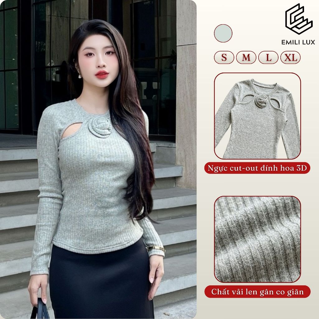 Áo len dài tay khoét ngực đính hoa Emili Design quyến rũ đi tiệc dạo phố [A38]