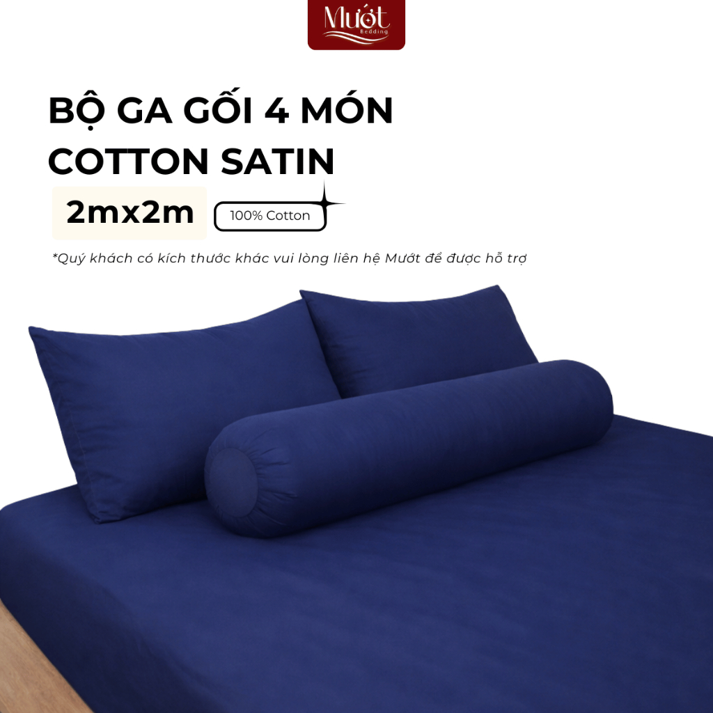 Bộ ga gối 4 món nệm kích thước 2mx2m Cotton Satin 60s Mướt Bedding cao cấp trơn màu, drap bo chun