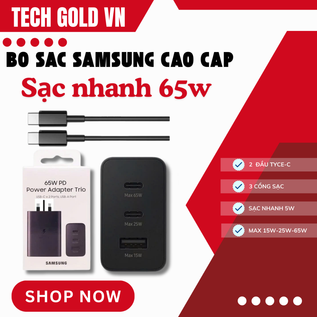 Bộ Sạc Nhanh Samsung 65W, Củ Sạc Tích Hợp 3 Cổng Type C Max 65W - 25W , USB Max 15W Sạc Nhanh An Toà