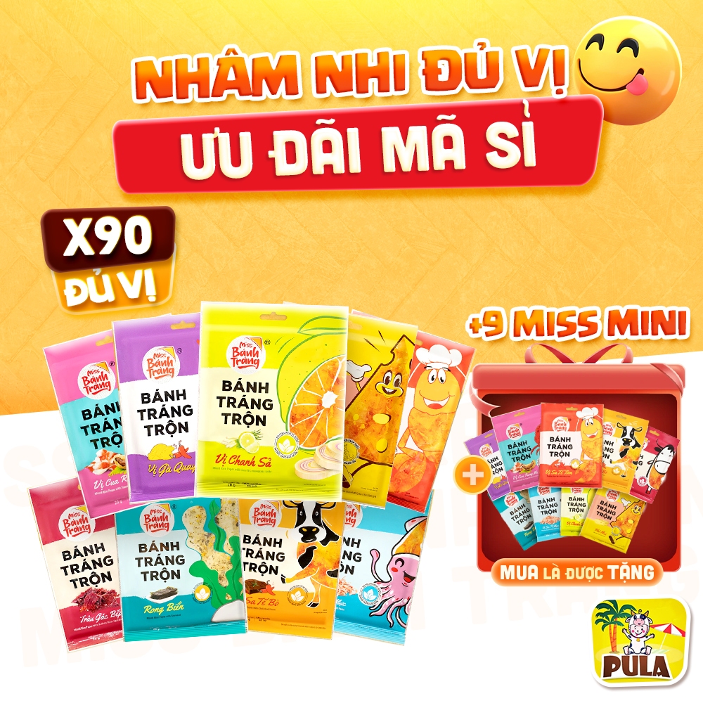 90 Bịch Mini | Bánh Tráng Miss Mini Tiệm nhà Pula 9 Vị | Combo Bánh Tráng Trộn Gói 20-23 Gram Đủ Vị | Ngon Dễ Nghiện