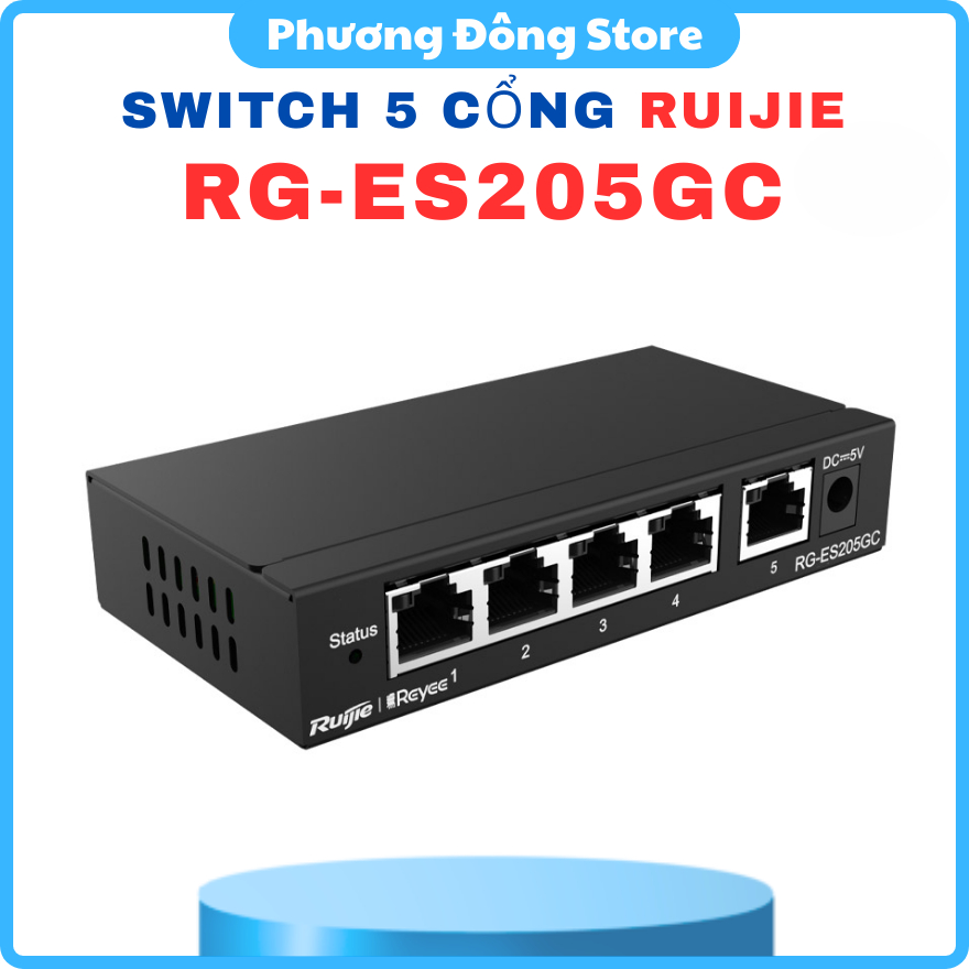 SWITCH 5 CỔNG RUIJIE RG-ES205GC - Tốc độ chuyển mạch 10Gbps, Tốc độ chuyển gói tin 7.4Mpps, Chống sé