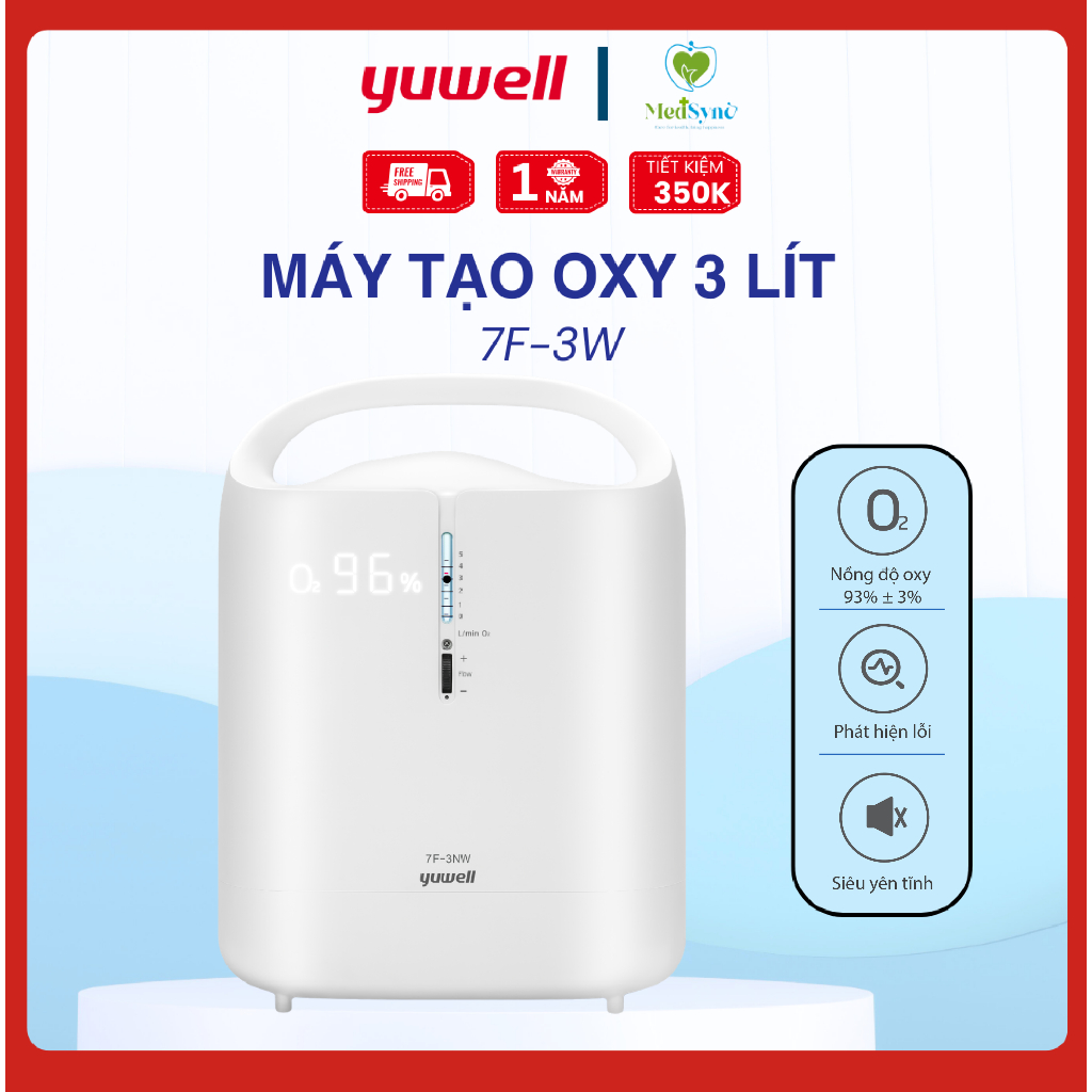 Máy Tạo Oxy Y tế 93% Yuwell 7F-3W - Hỗ trợ hô hấp, Lưu lượng 3 lít, Bảo hành 1 năm