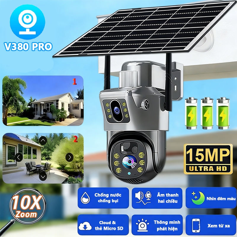 Camera WIFI 4G Năng Lượng Mặt Trời Wifi-SIM 4G V380 PRO App 360 độ Dosen 1080P HD IP Không thấm nước