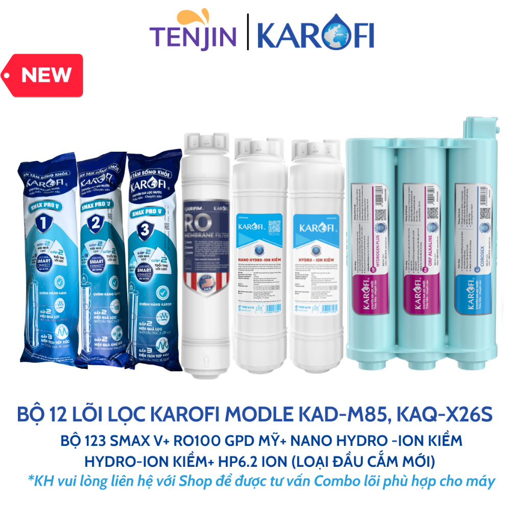 Combo 12 Lõi Lọc Nước Karofi Dùng Cho Model KAD-M85, KAQ-X26S Gồm 123 Smax V, RO mỹ, 8 Lõi Chức Năng