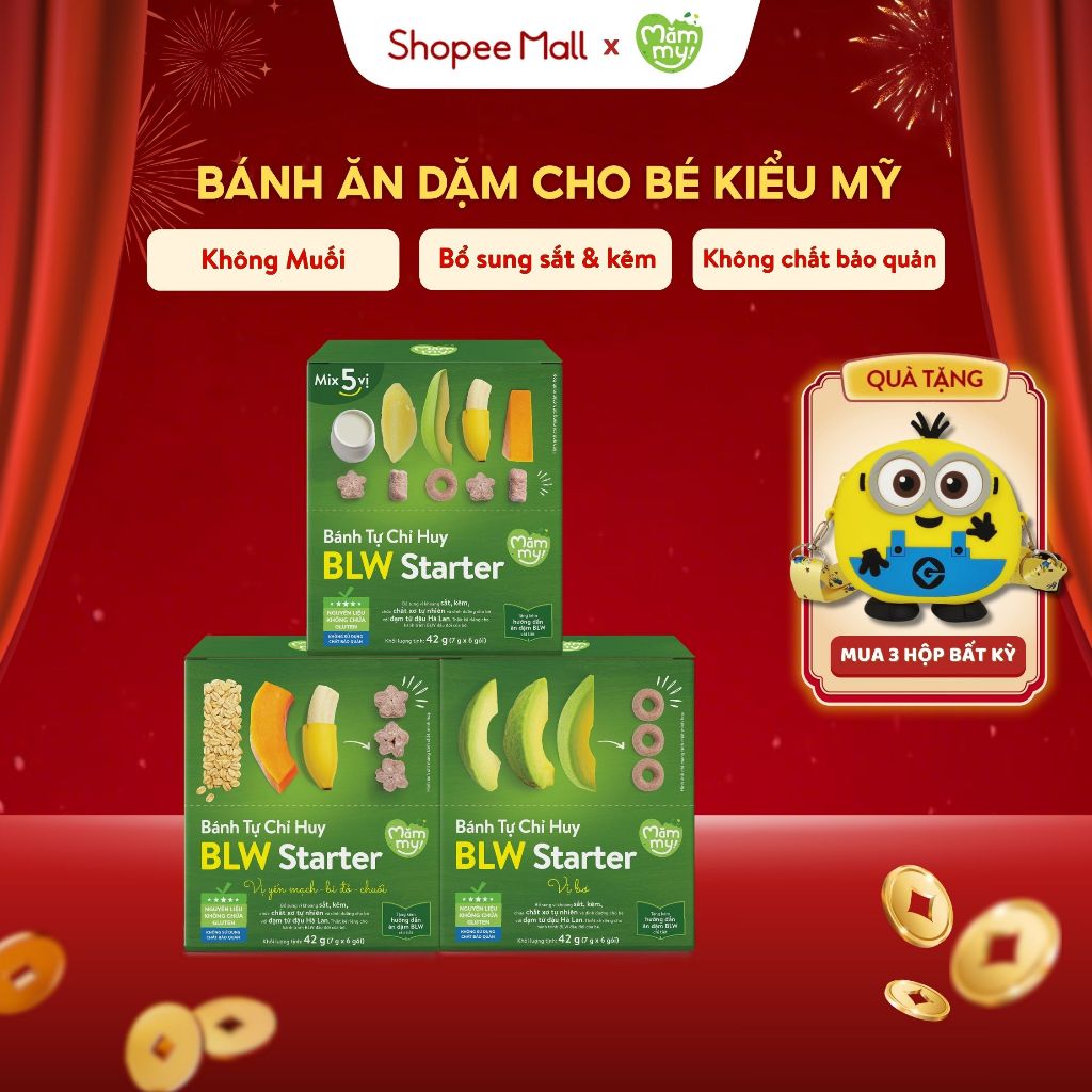 Bánh Ăn Dặm kiểu Mỹ Tự Chỉ Huy Mămmy BLW Starter bé từ 6 tháng bánh mềm xốp dễ tan, hộp 6 gói x7g