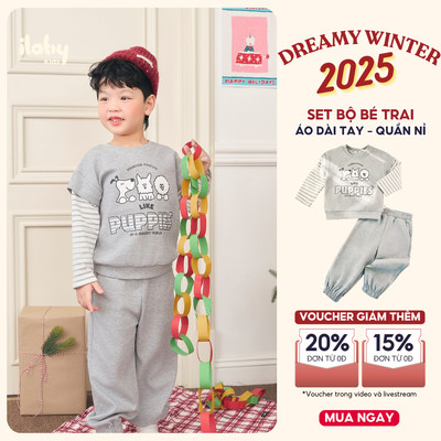 Set bé trai ILABY tay dài in chó Puppies màu xám ấm áp mặc đi học đi chơi thoải mái [3585]
