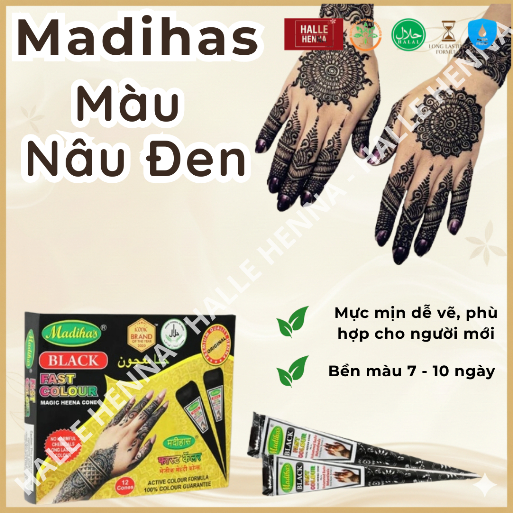 Mực vẽ Henna Madihas Màu Đen (Black Henna Cone) Chính hãng Ấn Độ | Bền Màu 7–10 Ngày | Henna Cone Vẽ