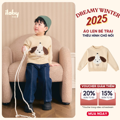 Áo len bé trai ILABY thiết kế chui đầu dệt kim cổ tròn họa tiết chú chó đáng yêu [3984]