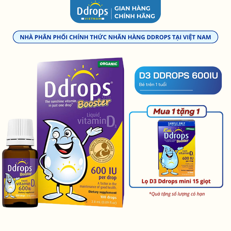 [NHẬP KHẨU] D3 Thuần Organic Ddrops 600IU chính hãng dạng lỏng nhỏ giọt cho bé >1y giúp bé cao lớn k