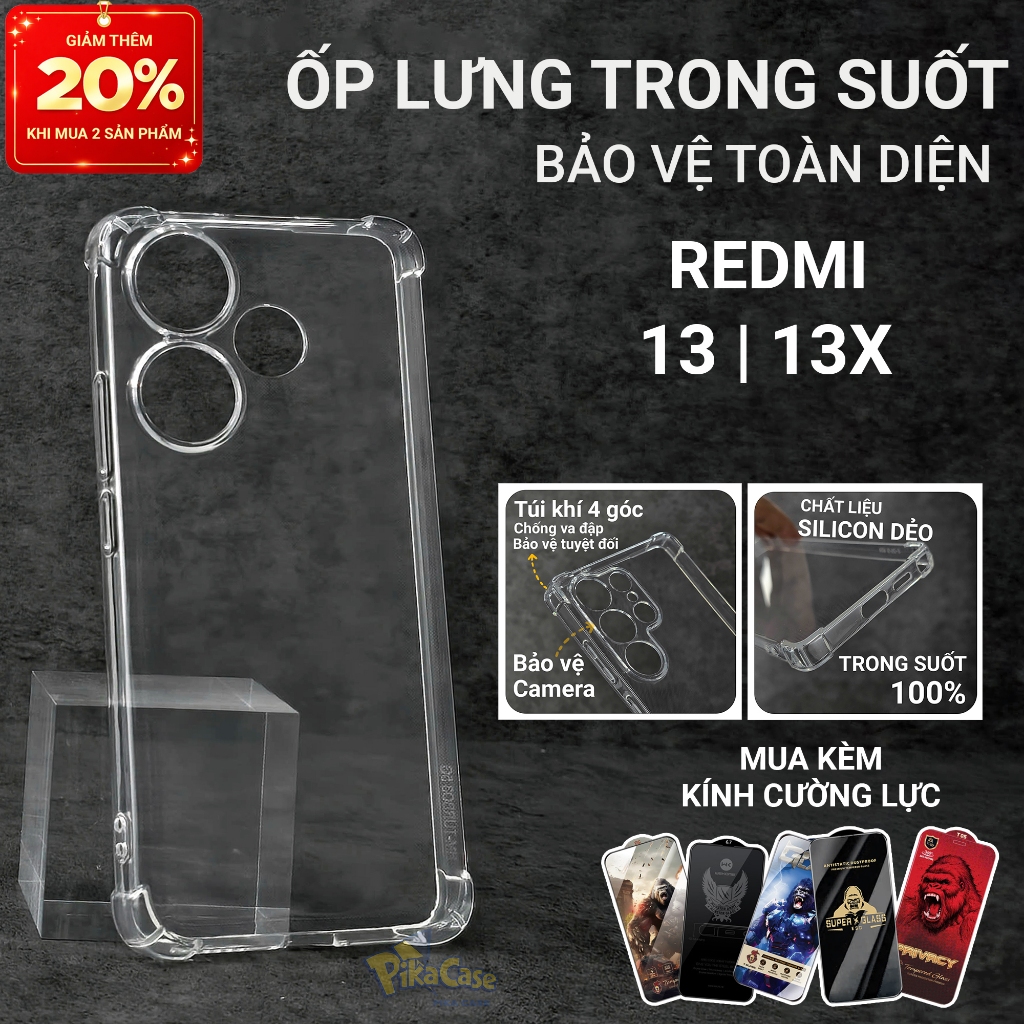 Ốp lưng Redmi 13, 13x Pikacase trơn trong suốt | Ốp điện thoại Xiaomi dẻo bảo vệ camera đt toàn diện