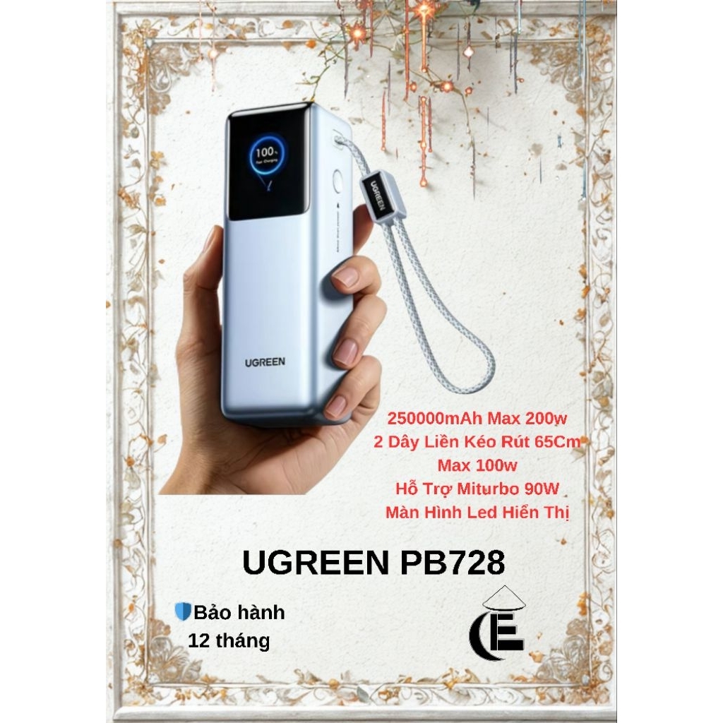 Ugreen Pb728 25000mAh 200w 2 Cáp Gắn Liền Kéo Rút Gọn 65cm Max 100w, Miturbo 105w..