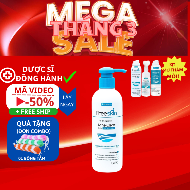 Bộ Sữa Tắm Giảm Mụn Thâm Mụn Lưng Freeskin 250ml và Xịt Mụn, XỊt Mờ Thâm Bọt Rửa Mặt Freeskin- Shop 