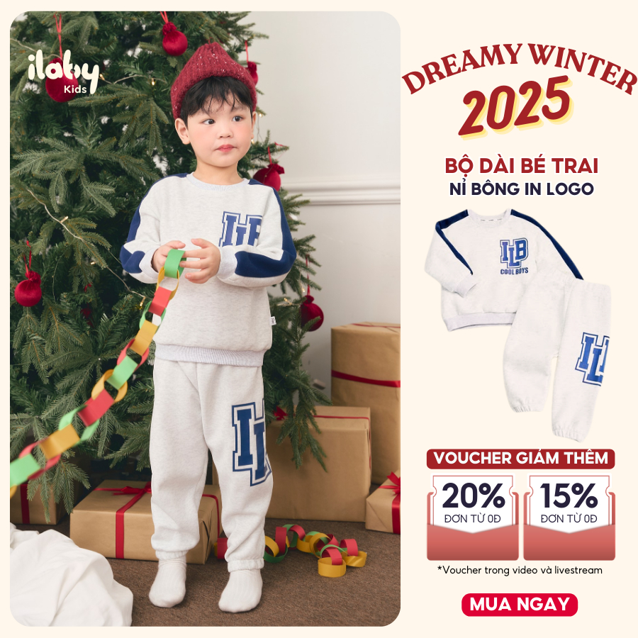 Set bộ thể thao Tết bé trai ILABY bộ nỉ dài tay màu xám in ILB phong cách Hàn Quốc 10-35kg [3446]