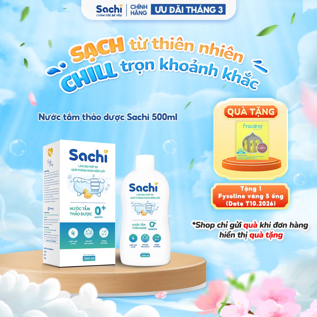 Nước Tắm Thảo Dược Cho Bé Sachi 500ml Làm Sạch Ngăn Ngừa Rôm Sảy, Mẩn Ngứa Và Mảng Bám Da Đầu