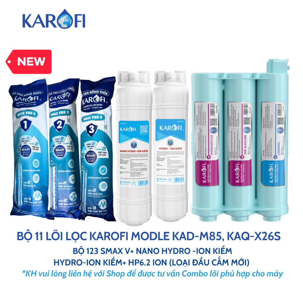 Combo 12 Lõi Lọc Nước Karofi Dùng Cho Model KAD-M85, KAQ-X26S Gồm 123 Smax V, RO mỹ, 8 Lõi Chức Năng