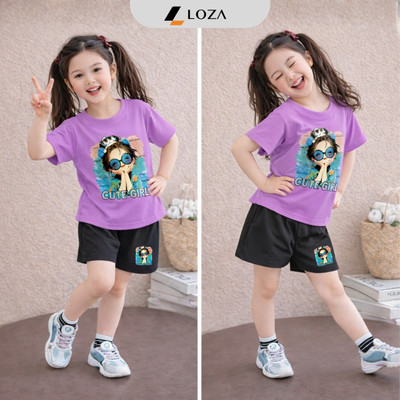 Bộ quần áo cộc trẻ em TB35 cho bé gái in hình cân nặng từ 15-42kg Loza SB363