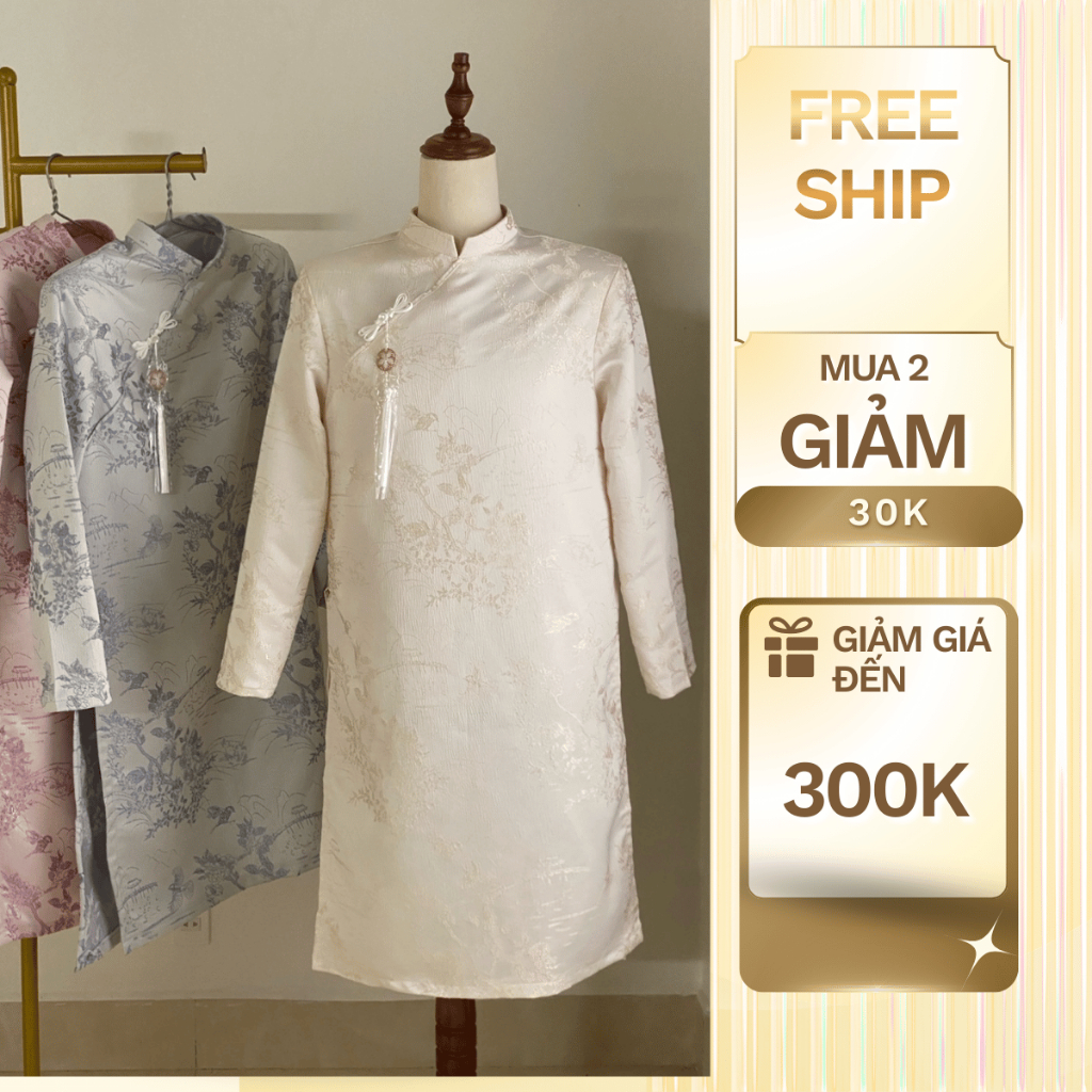 Áo dài Nam cách tân Gấm Sơn Ca họa tiết mới lạ  ,có cầu vai đính khuy kèm charm cao cấp [KHÔNG KÈM QUẦN]