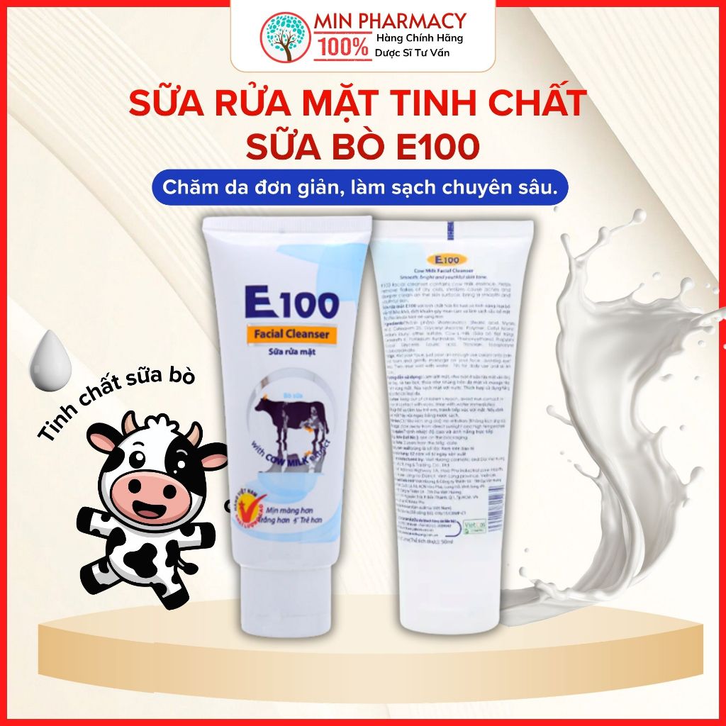 Sữa Rửa Mặt Tinh Chất Sữa Bò Tươi E100, E100 con bò - Minpharmacy