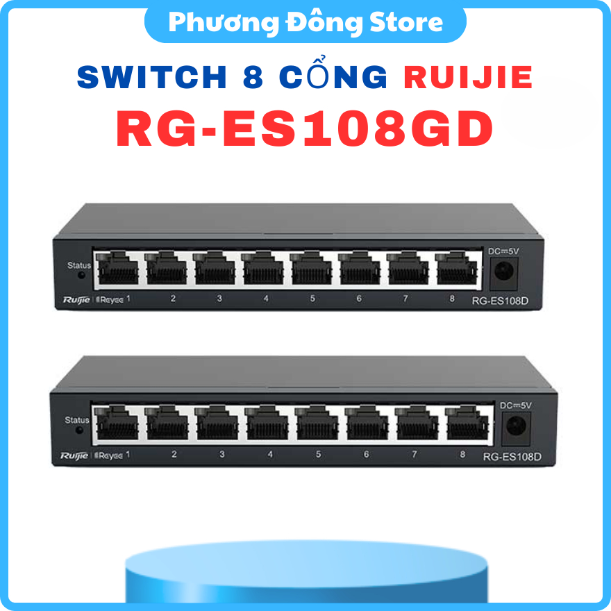 SWITCH 8 CỔNG RUIJIE RG-ES108GD - Tốc độ chuyển mạch: 16Gbps, MAC 8K, Tản nhiệt tốt
