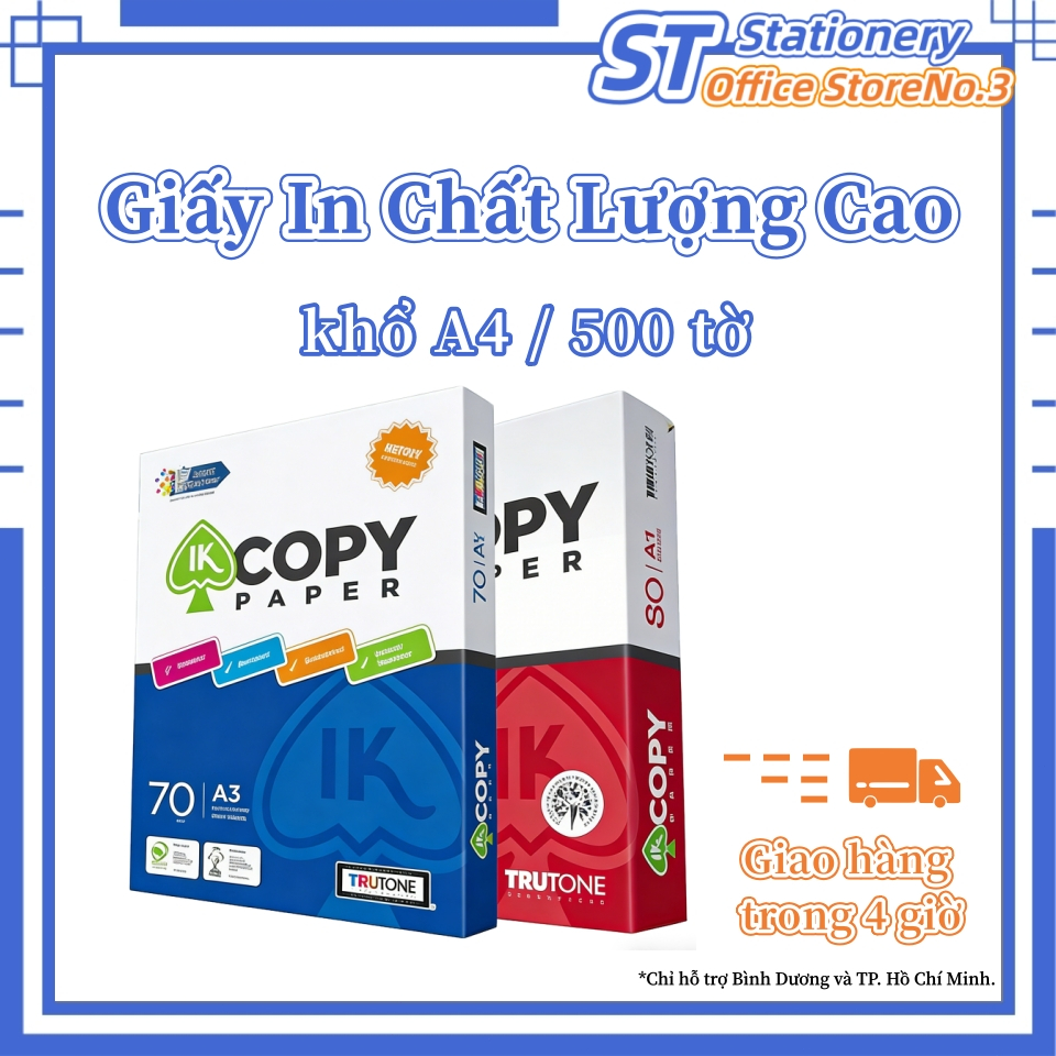 Giấy A4, giấy in A4 70/80gsm 500 tờ cao cấp IK Copy - Giấy in photo A4 500 tờ đều màu không gợn.
