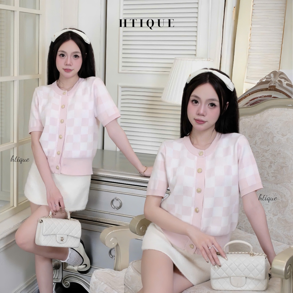 HTIQUE - PINK CHARM Mở bán Áo Len dệt kim nữ Caro Hồng Pastel Thanh Lịch, Áo Len dệt kim Cộc Tay Nút