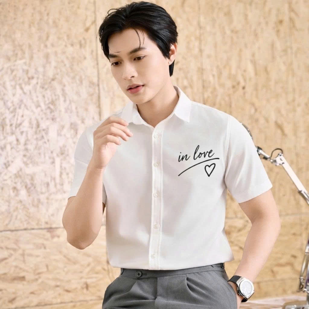 ÁO SƠ MI NAM TAY NGẮN IN HOẠ TIẾT CHỮ IN LOVE -LOVE YOU ĐƠN GIẢN