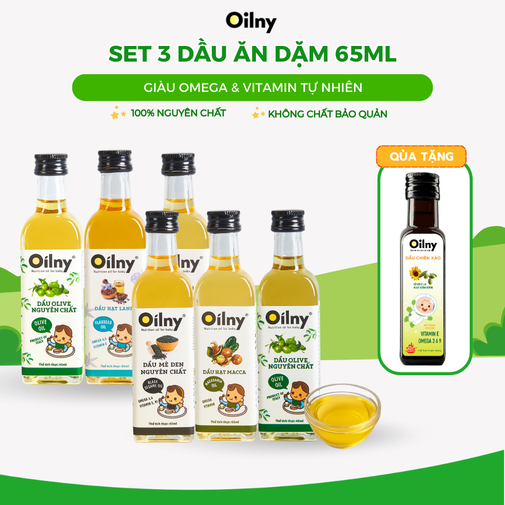 Dầu Ăn Dặm Cho Bé Oilny - Set 3 dầu Oliu, Óc Chó, Macca, Mè 65ml