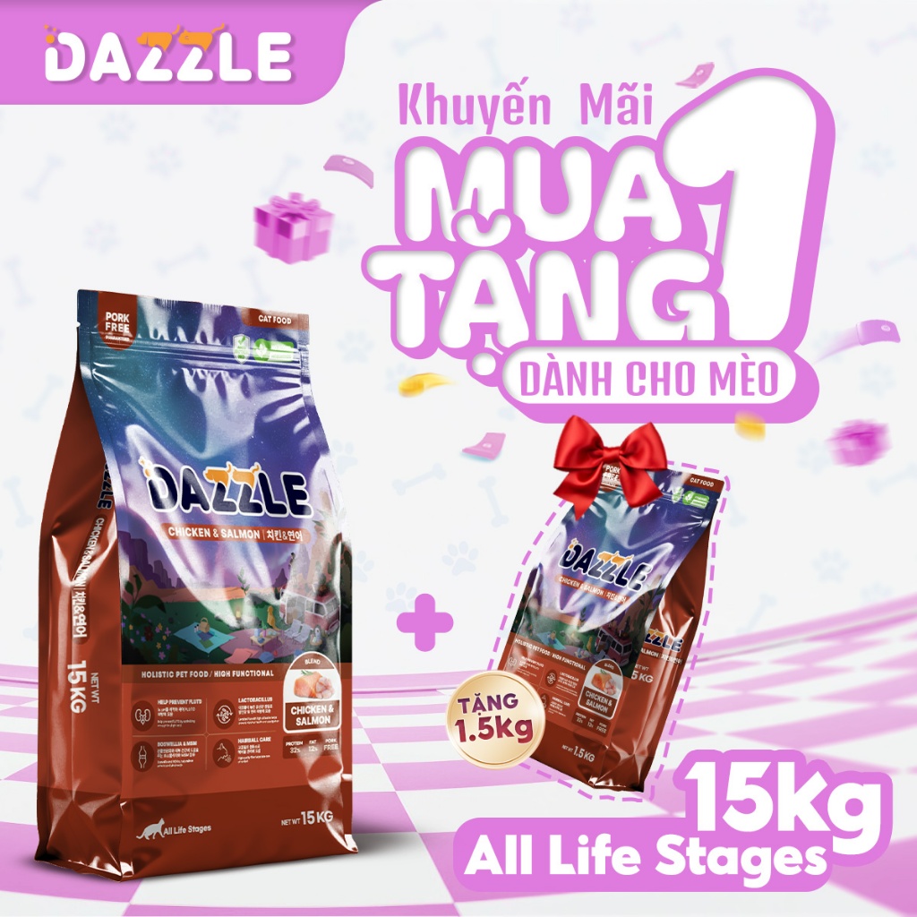 [GÓI LỚN 15KG]  Hạt Cho Mèo Dazzle Vị Gà & Cá hồi Dazzle Pet food
