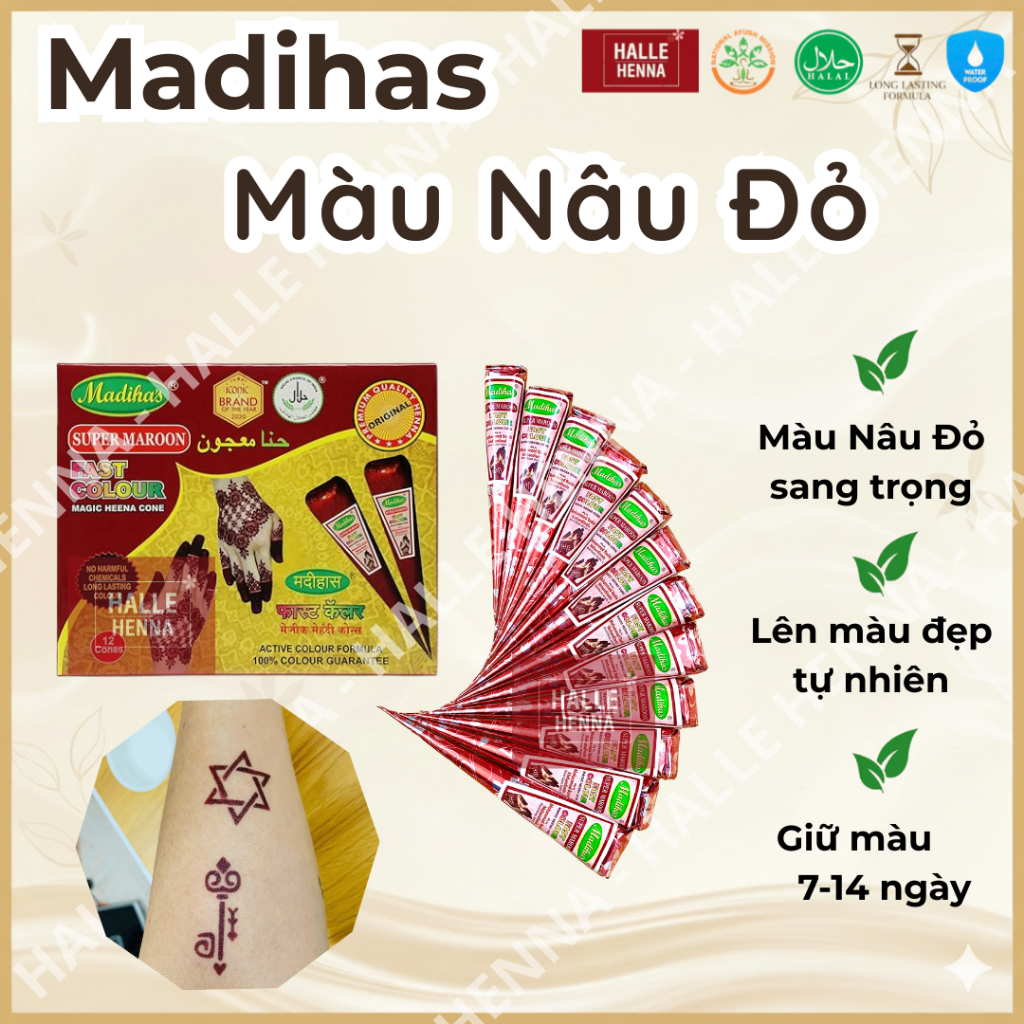 Mực vẽ Henna Madihas Màu Rượu Vang (Nâu Đỏ) Ấn Độ | Bền Màu 7–14 Ngày | Henna Cone Vẽ Body