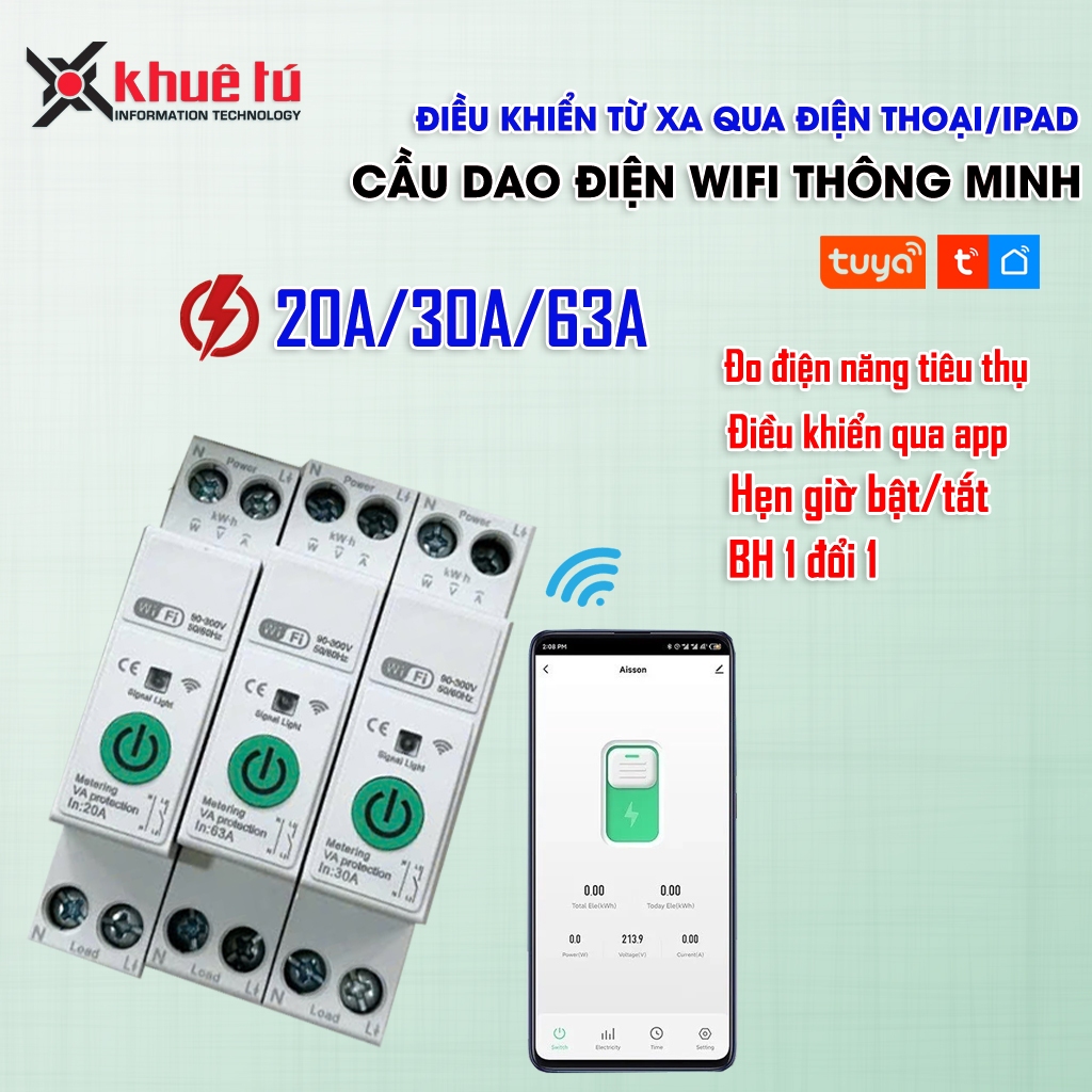 Cầu Dao Aptomat Thông Minh Wifi 1P-63A/30A/20A Điều Khiển Từ xa Tuya SmartLife, Điều Khiển CB Wifi T