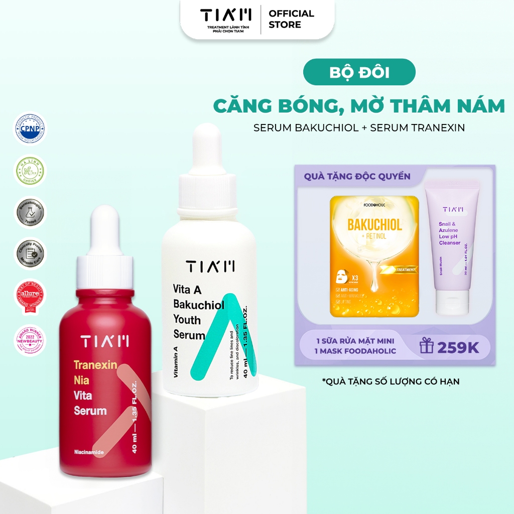 Bộ Đôi Serum Dưỡng Trắng Và Chống Lão Hoá Da Tia'm Tranexin Nia Vita Serum 40ml + Tia'm Bakuchiol Yo
