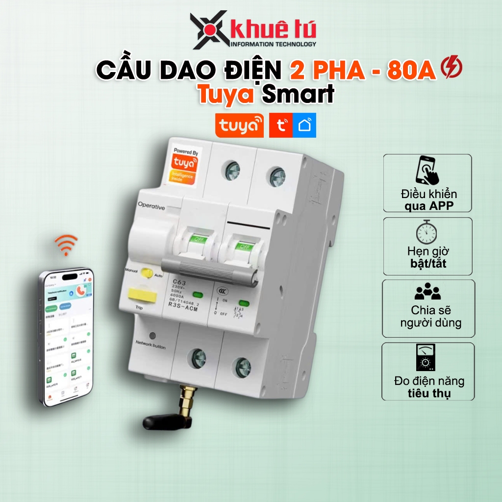 Aptomat Wifi, Cầu Dao Tổng Điều Khiển Qua Wifi, RS485 Tuya 80A, đo điện năng, BH 12 tháng