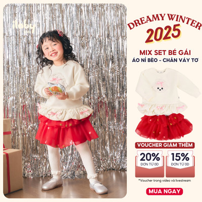Set váy công chúa bé gái ILABY áo nỉ dài tay hình cún kèm chân váy đỏ bồng bềnh [3513+3475]