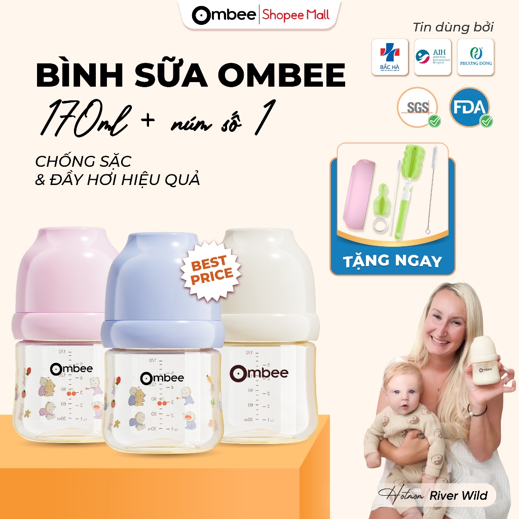 Combo Bình Sữa Ombee Chất Liệu PPSU Dung Tích 170ml + Núm Số 1