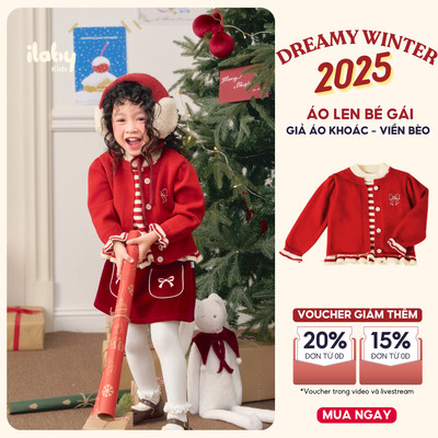 Áo khoác len bé gái ILABY áo len cardigan dệt kim màu đỏ đô Noel Tết cho bé gái đính nơ dễ thương ấm áp [3983]