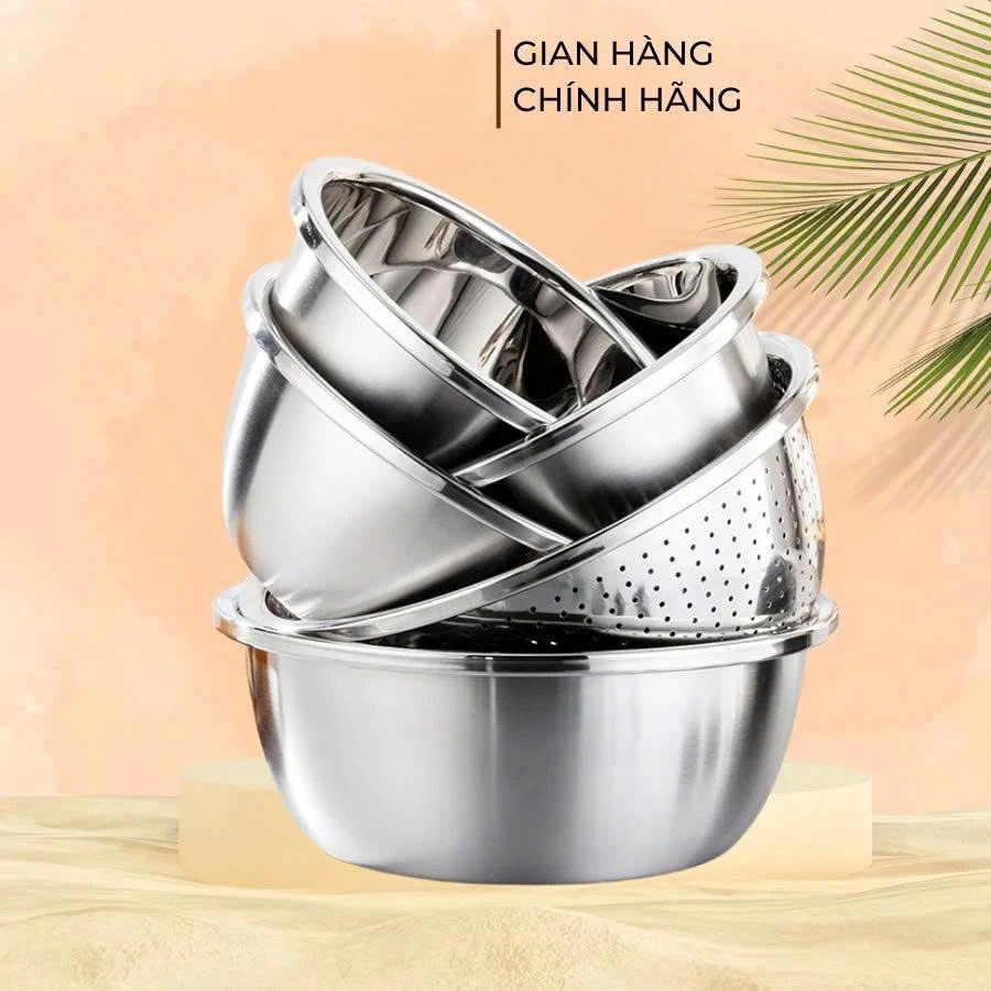 Bộ Thau Rỗ Inox 5 Món Tiện Lợi Rổ Chậu Cao Cấp 304 Không Gỉ Dày Đẹp Sáng Bóng Nhiều Size Rửa Rau Củ 