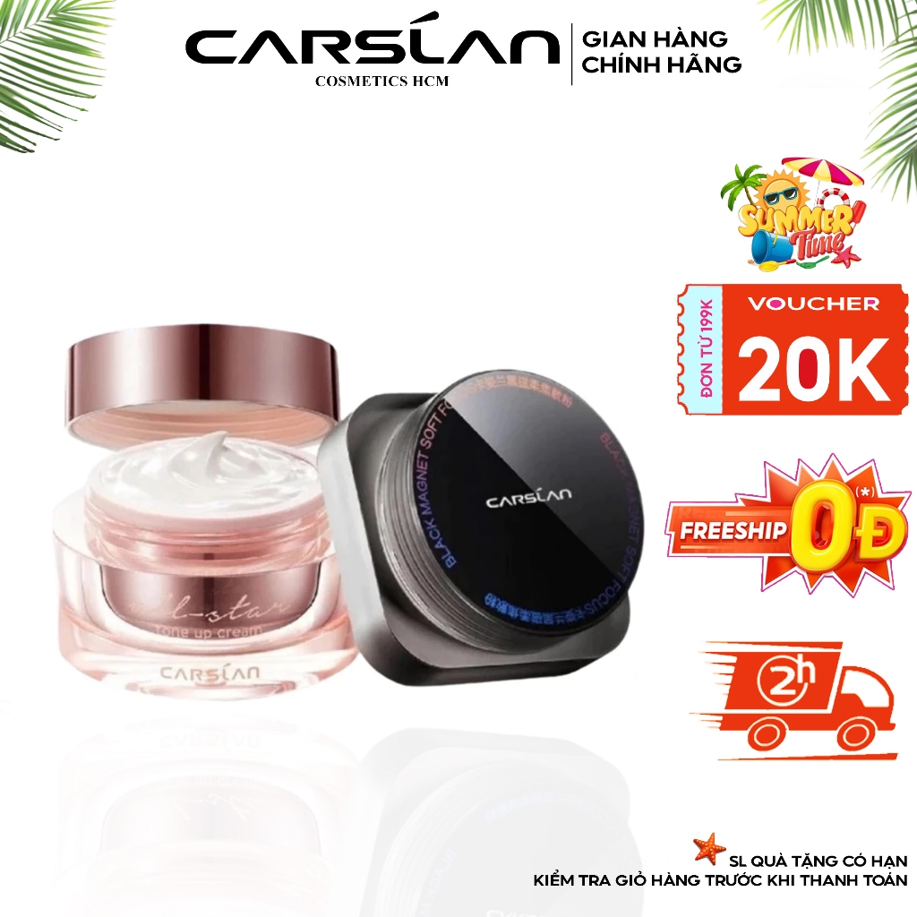Combo kem lười Carslan nền nhanh – mịn + phấn phủ Carslan kiềm dầu, khóa nền bền màu