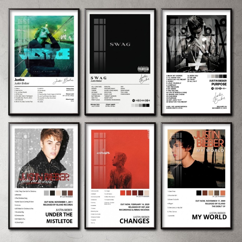 Tranh Album Âm Nhạc của Justin Bieber Tráng Gương Khung Composite Decor Treo Tường Trang Trí
