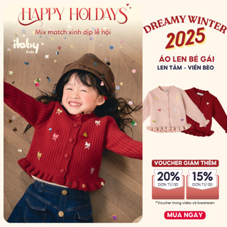 Áo khoác len Tết bé gái ILABY cài khuy thêu nơ Ao len Cardigan chất len siêu ấm [3996]