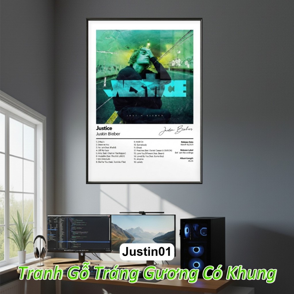 Justin Bieber - Tranh Treo Tường Album Âm Nhạc Khung Composite Tráng Gương decor treo tường
